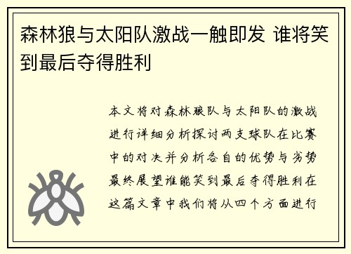 森林狼与太阳队激战一触即发 谁将笑到最后夺得胜利